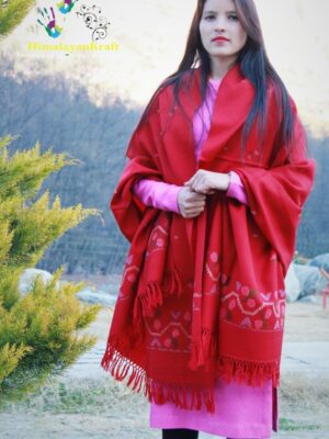 Pure Wool Hand Weaving Kullu Handloom Shawl Flower Design (Red)