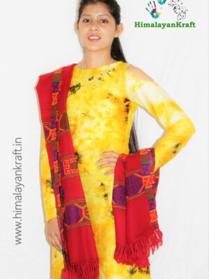 Red Pure Wool Kullu Handloom Shawl Deep Kinnauri Design