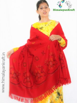 Red Pure Wool Kullu Shawl with Flower Design