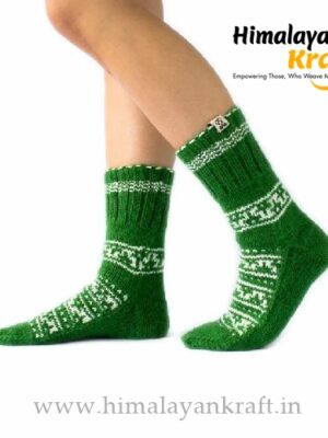 Hand Knitted Kullu Design Unisex High Ankle Calf Length Socks – Lime Green
